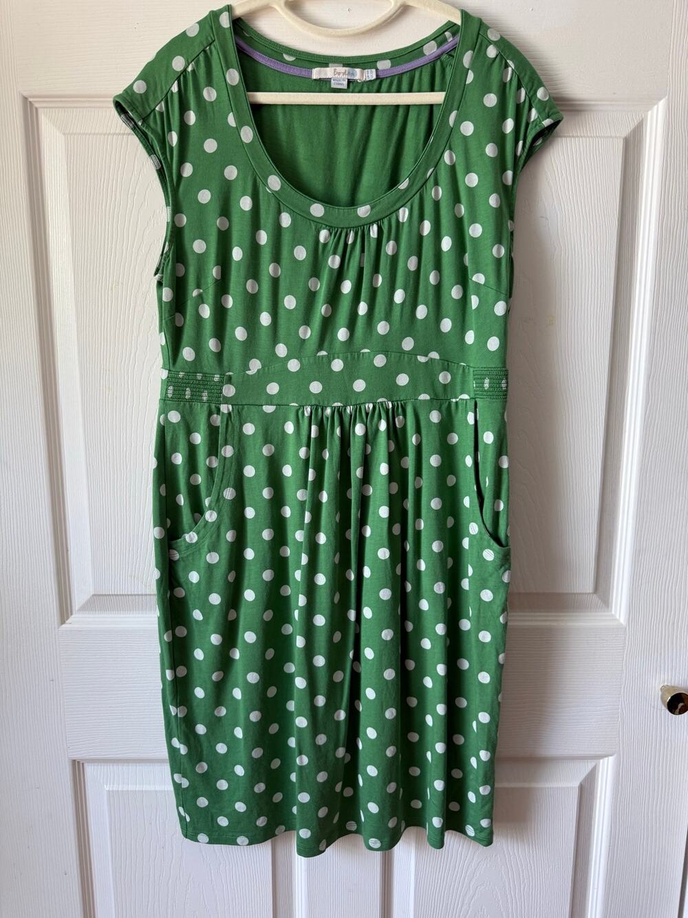 Boden Green White Polka Dot Jersey Dress Pockets Scoop Neck Size 10R